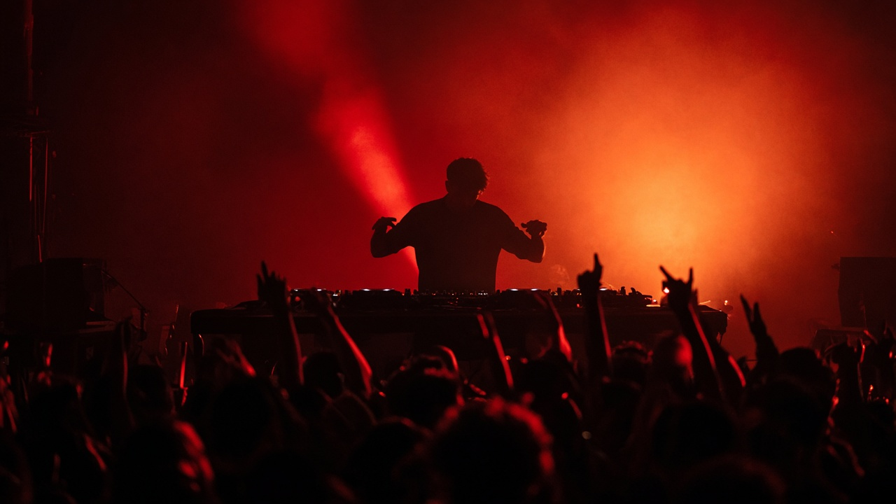 A DJ at turntables on a club stage bathed in warm red light with the hands of the crowd raised in the foreground