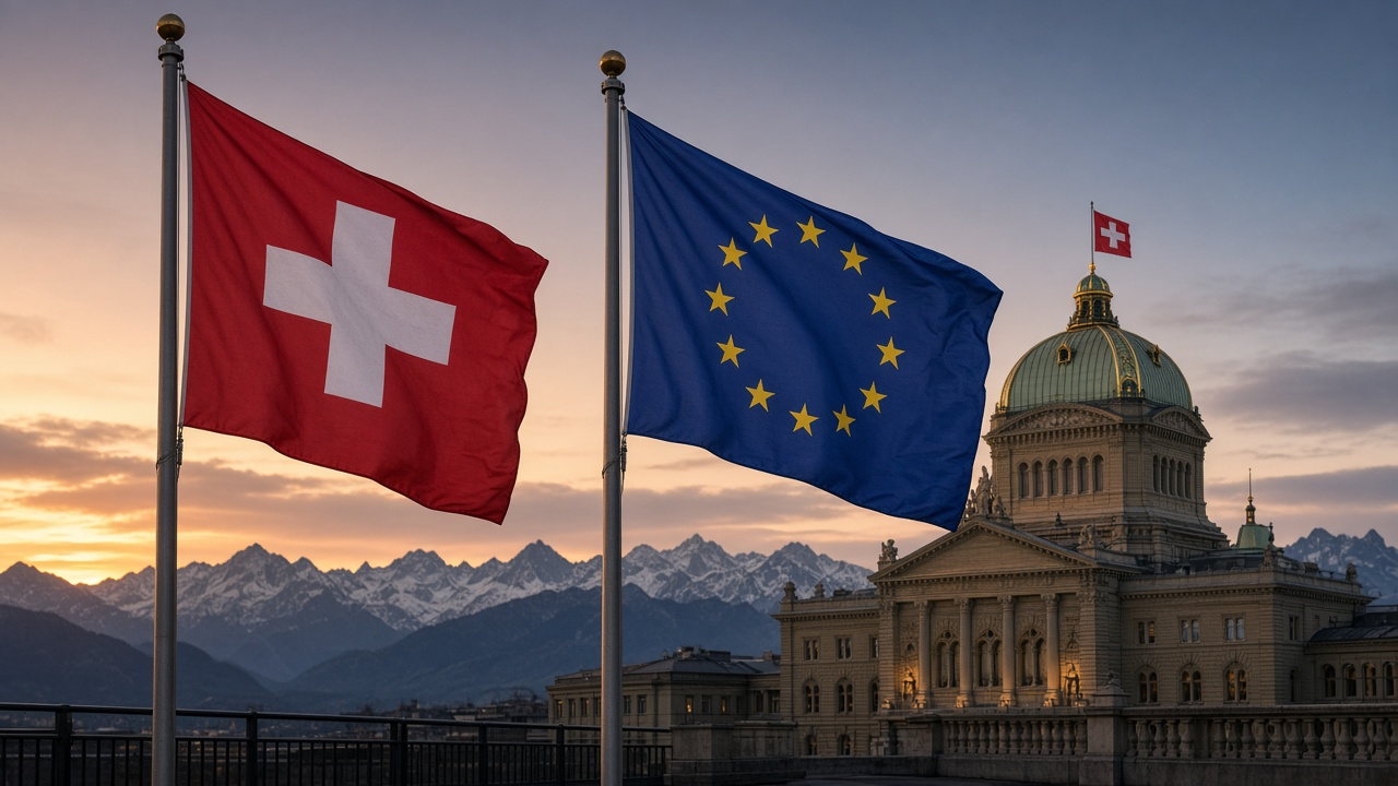 The Swiss flag and the European Union flag flying side by side in front of a parliament building at dusk