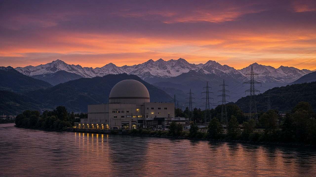 The Gösgen nuclear power station on the Aare at dusk, its reactor building lit against snow-covered Alps